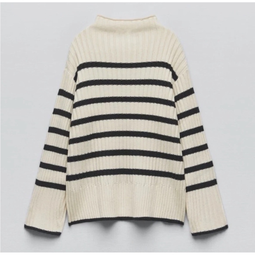Zara Striped Ribbed Knit Sweater Mock Neck Wool Blend Women’s Large